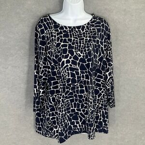 Susan Graver Tunic Top Womens Sz 1X Navy Blue Geometric‎ Print Liquid Knit Tunic